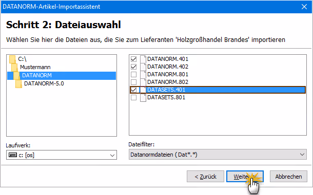 Lieferantenauswahl im DATANORM-Artikel-Importassistenten | orgaMAX Bürosoftware