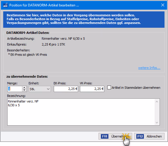 Bearbeitung der DATANORM-Bezeichnung, Mengen- und Preisangaben | orgaMAX Bürosoftware