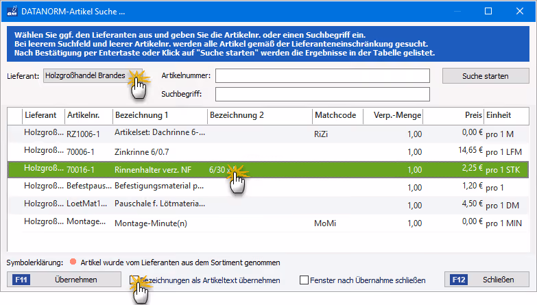 Vorgehensweise bei der DATANORM-Artikelsuche | orgaMAX Bürosoftware