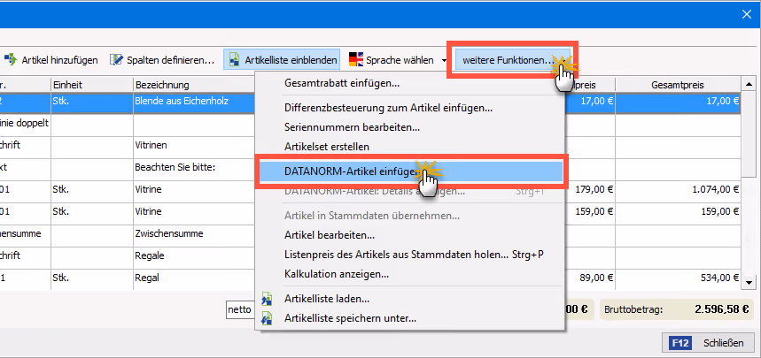 Vorgehensweise beim Einfügen von DATANORM-Artikeln | orgaMAX Bürosoftware