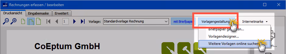 Online-Suche weiterer Vorlagen im Auswahlmenü „Vorlagengestaltung“ | orgaMAX Praxistipp