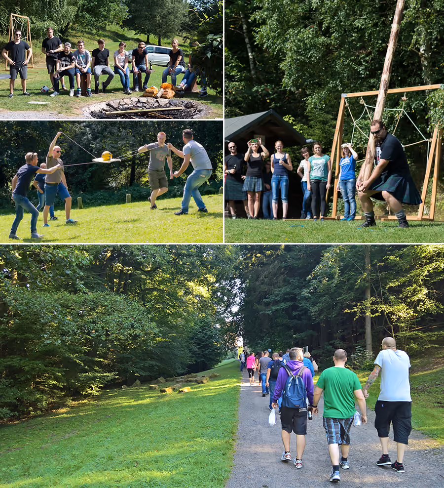 Collage mit drei Bildern von Outdoor-Aktivitäten: Oben links sitzen neun Leute auf einer Bank neben einem Lagerfeuerplatz, oben rechts demonstriert ein Mann im Kilt einen traditionellen Stockwettwurf vor zuschauenden Menschen, unten zeigen mehrere Personen einen Spaziergang auf einem Waldweg an einem sonnigen Tag.
