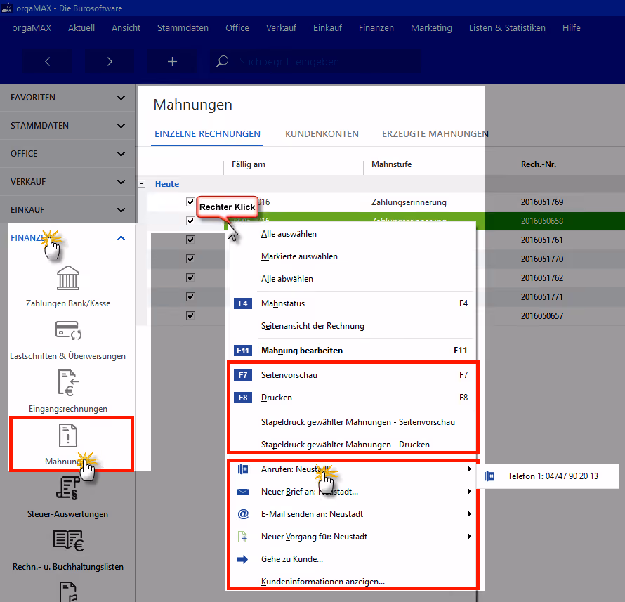 Kontaktaufnahme im Mahnungsmenü | Vorgehensweise | orgaMAX Bürosoftware