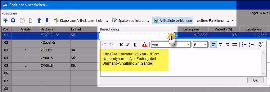 RTF-Editor: Ansicht Positionen bearbeiten | orgaMAX Praxistipp