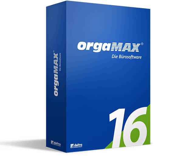 Blauer Verpackungskarton der Bürosoftware orgaMAX Version 16 mit weißem und grünem Schriftzug.