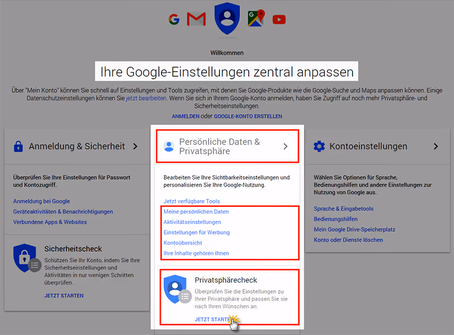 Durchführung des Google Privatsphärechecks | orgaMAX Bürosoftware