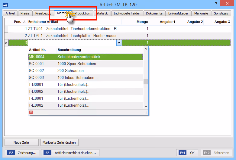 Zusatzmodul Produktion: Eingabe des Materialbedarfs | orgaMAX Bürosoftware