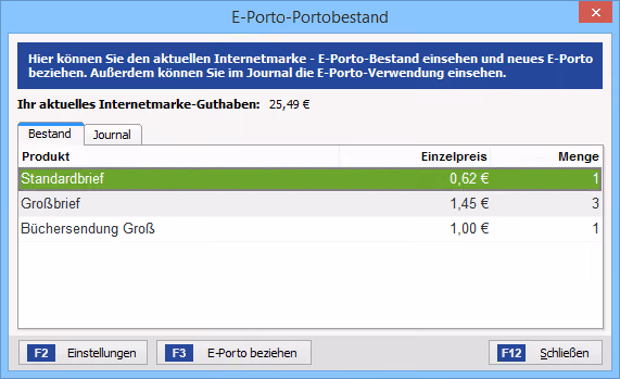Abruf: E-Porto-Portobestand | orgaMAX Bürosoftware