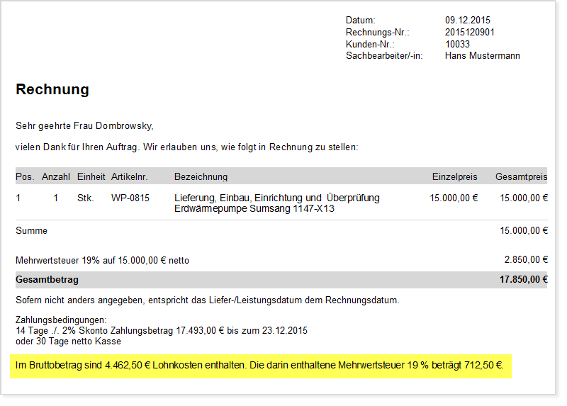 Rechnung Lohnanteil