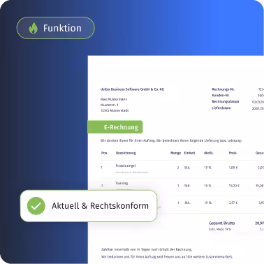 Benutzeroberfläche einer Software zeigt eine Beispielrechnung mit einer Überschrift ‚E-Rechnung‘, daneben ein grünes Label mit einem Haken und dem Text ‚Aktuell & Rechtskonform‘ auf einem blau-lila Farbverlaufshintergrund.