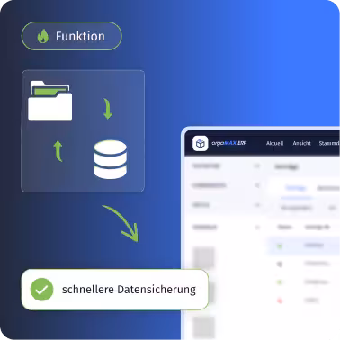 Grafik zeigt Funktion von schnellerer Datensicherung mit Ordner- und Datenbank-Icon und grünem Pfeil, daneben ein Ausschnitt einer Benutzeroberfläche.