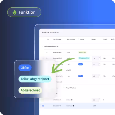 Benutzeroberfläche eines Rechnungsprogramms mit Hervorhebung von Statusoptionen: Offen, Teilweise abgerechnet und Abgerechnet, dargestellt mit Pfeil auf eine Tabelle mit Positionen und Statusbeschreibungen.