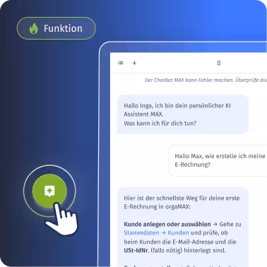 Screenshot einer Chat-Oberfläche mit einer Unterhaltung zwischen einem Benutzer und KI-Assistent MAX auf Deutsch. Oben links ist ein grünes Symbol mit einer Hand, die auf ein rundes Icon mit einem Stern klickt. Ein Label darüber zeigt 'Funktion' mit einem Flammensymbol.