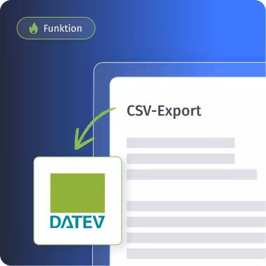 Grafische Darstellung eines Grünen DATEV-Logos mit einem Pfeil, der auf ein Dokument mit der Überschrift CSV-Export zeigt, und einem kleinen Symbol mit der Aufschrift Funktion.