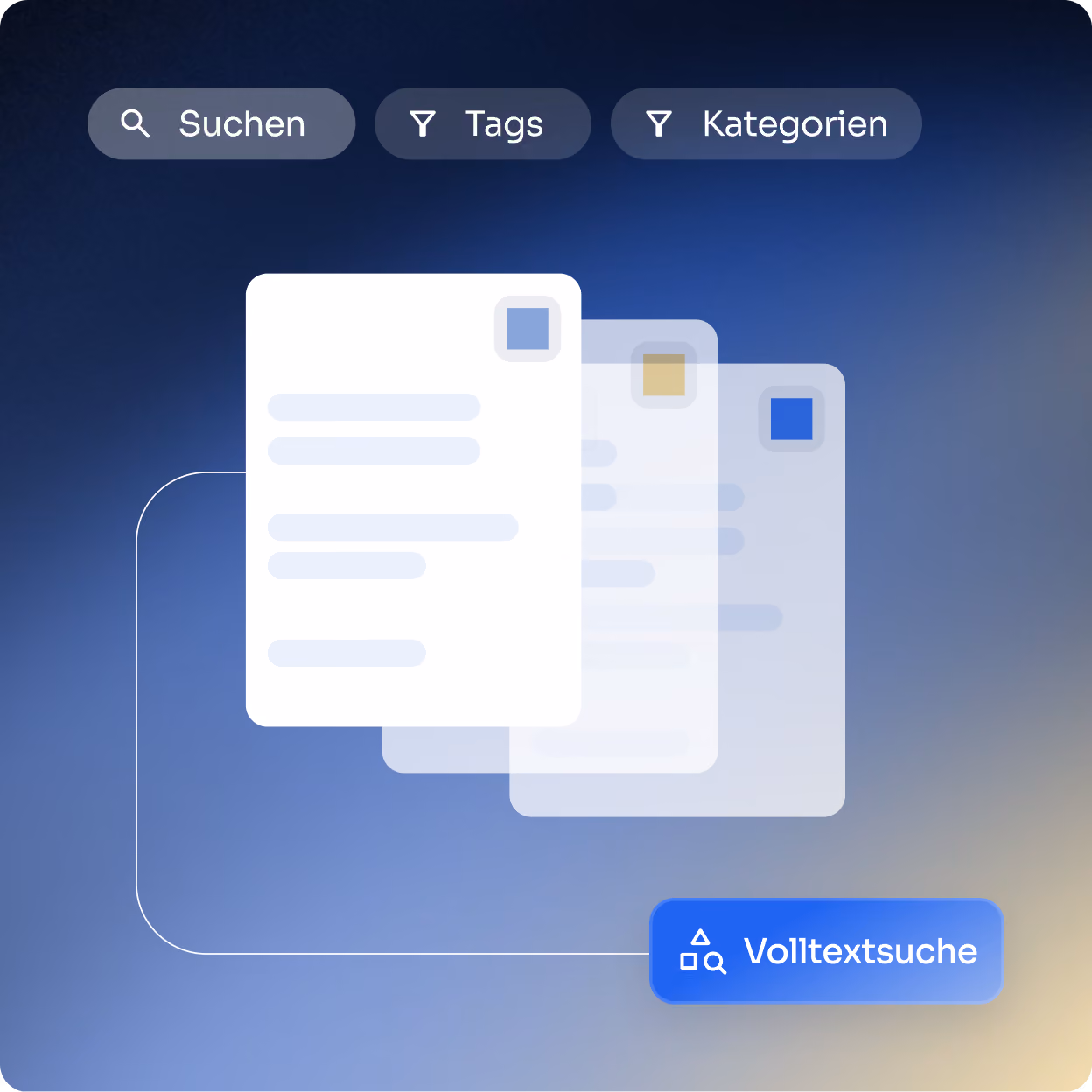Illustration von drei überlappenden Dokumenten mit abstrakten Textzeilen und farbigen Kästchen oben rechts, umgeben von Such- und Filteroptionen: Suchen, Tags, Kategorien, mit einer hervorgehobenen Schaltfläche 'Volltextsuche'.