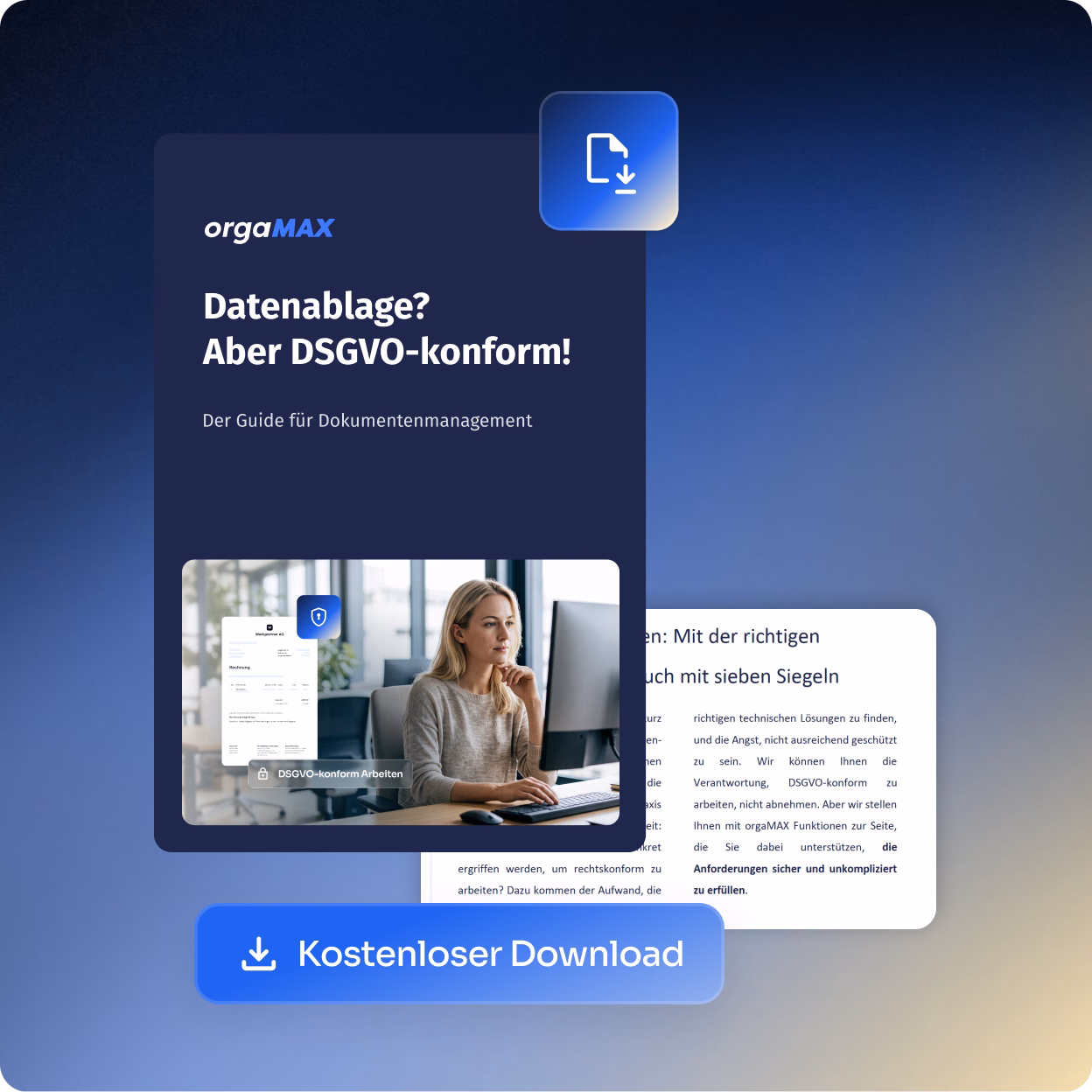 Bild eines Werbebanners für orgaMAX mit dem Text "Datenablage? Aber DSGVO-konform! Der Guide für Dokumentenmanagement" und einem Screenshot einer Frau, die am Computer arbeitet, sowie dem Hinweis "Kostenloser Download".
