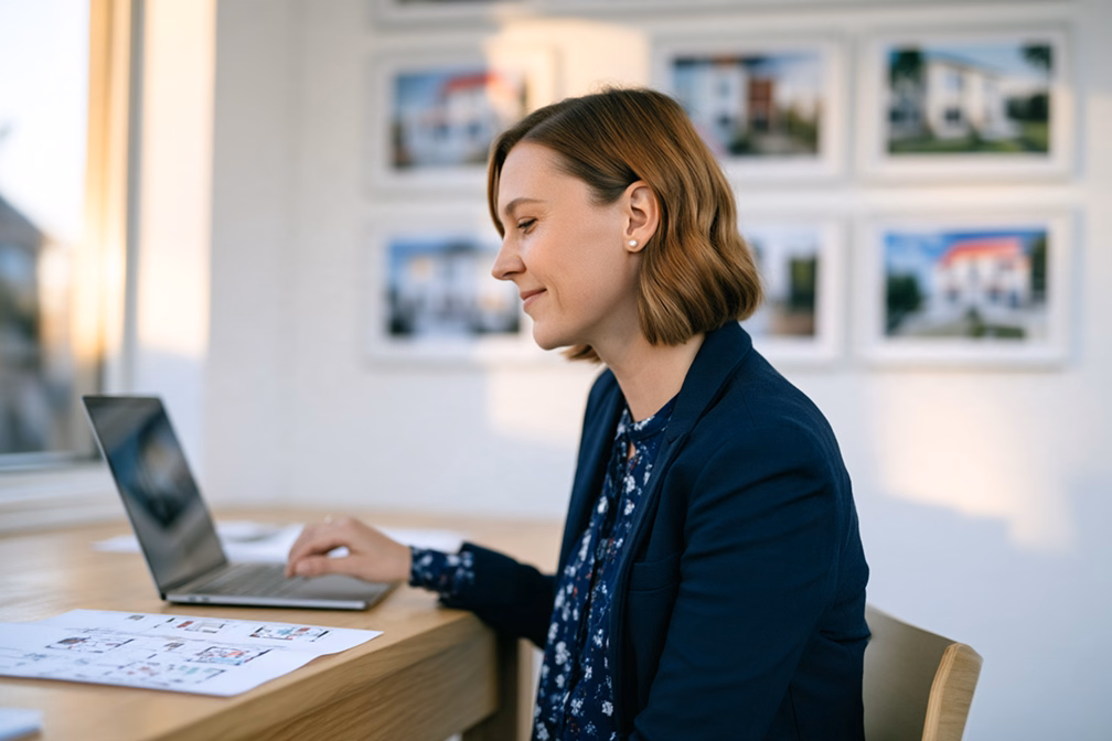 Eine Frau sitzt an einem Schreibtisch im Büro, arbeitet am Laptop und blickt konzentriert auf den Bildschirm, im Hintergrund sind Bilder von Häusern an der Wand zu sehen.