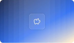 Ein weißes Sparschwein-Symbol in einem abgerundeten quadratischen Kasten vor einem Verlaufshintergrund von Dunkelblau zu Hellgelb.