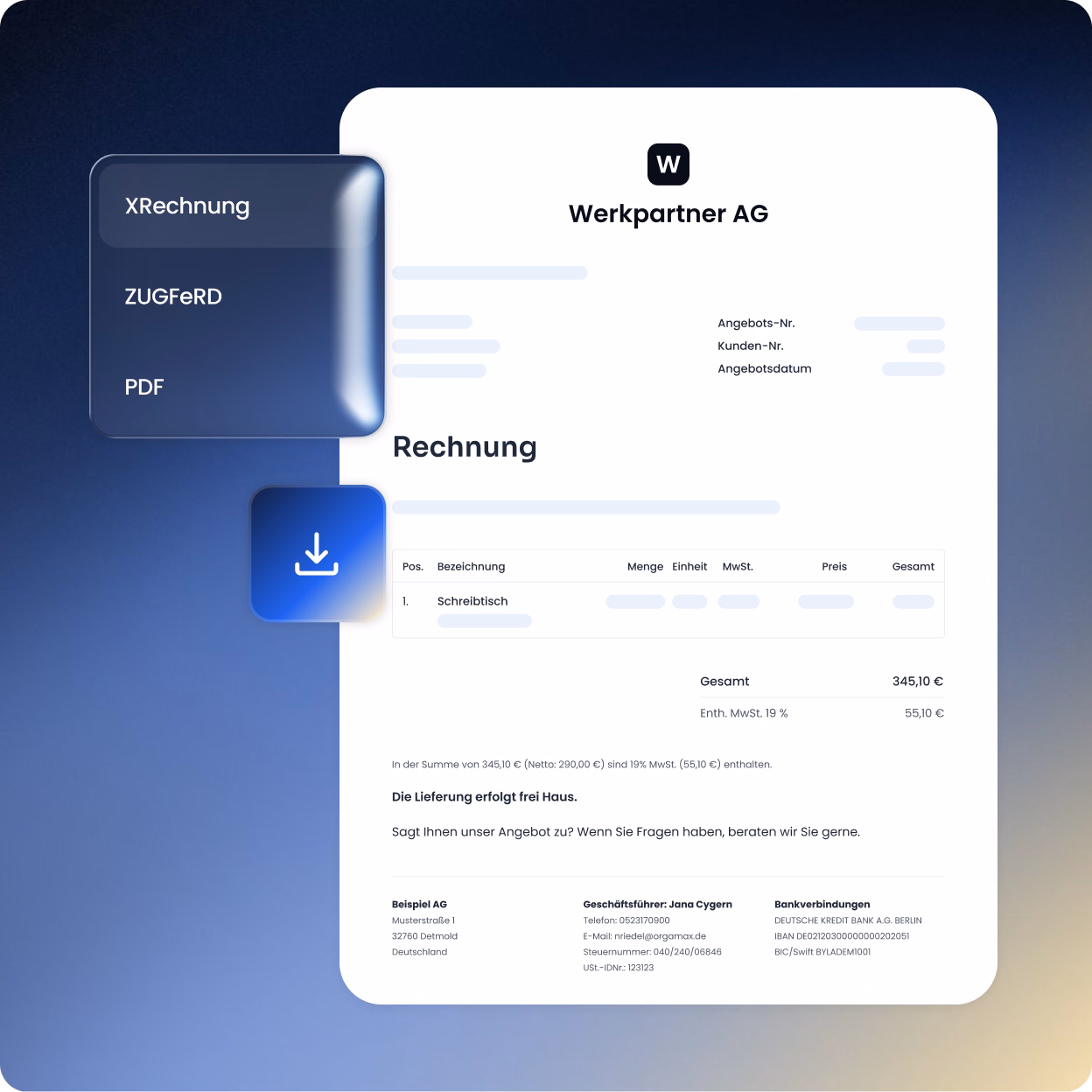Digitale Rechnung der Werkpartner AG mit Details wie Angebotsnummer, Kundennummer, Angebotsdatum und einer Position für einen Schreibtisch, mit Auswahlmenü für Formate XRechnung, ZUGFeRD und PDF sowie einem blauen Download-Button.