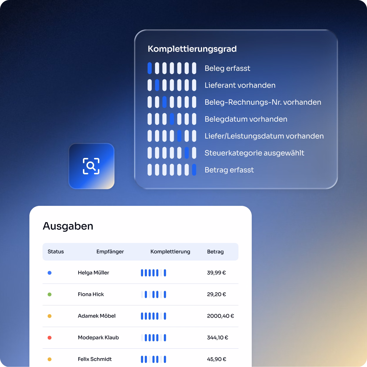 Dashboard mit Übersicht zu Ausgaben, zeigt Status, Empfänger, Komplettierung und Betrag in Euro für verschiedene Personen, daneben Legende zur Komplettierungsanzeige mit sieben Kriterien und deren Erfüllungsgrad.