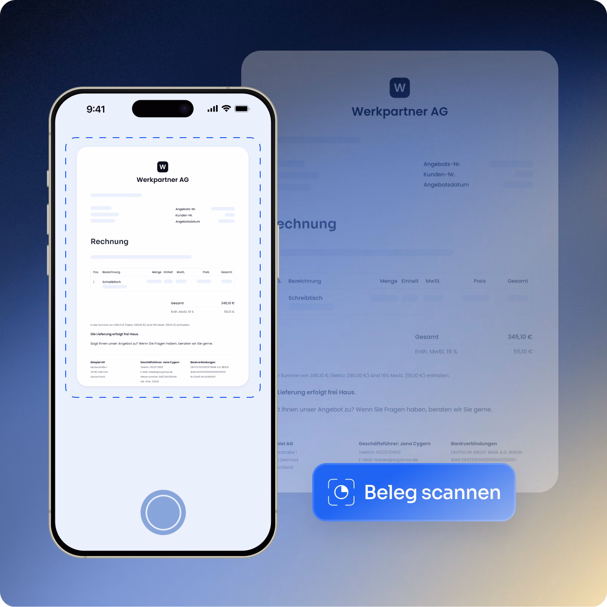 Smartphone mit geöffneter App zeigt gescannten Rechnungsvordruck von Werkpartner AG, darunter ein blauer Button mit der Aufschrift ‚Beleg scannen‘.
