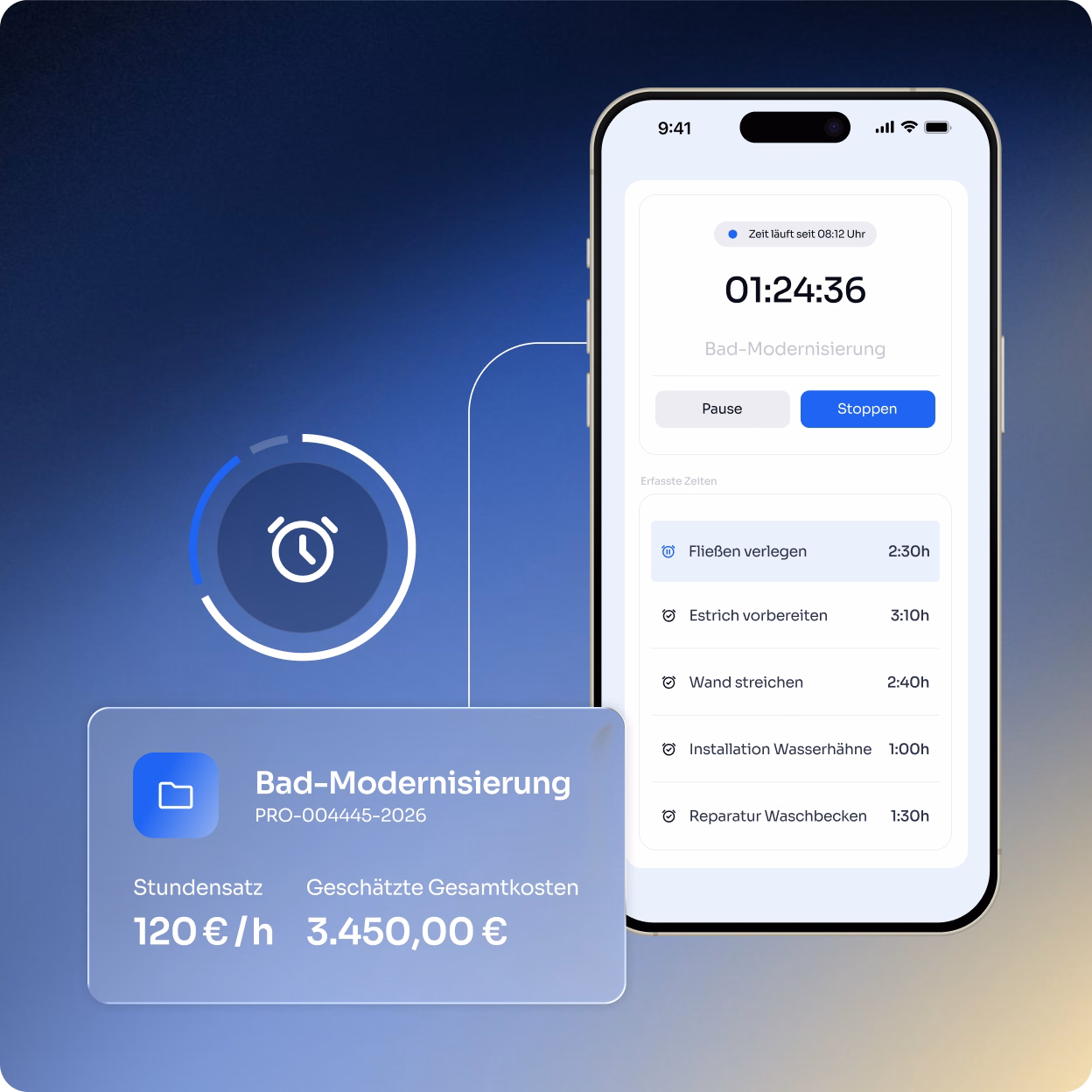 Smartphone-Bildschirm zeigt eine Zeitmess-App für das Projekt Bad-Modernisierung mit laufender Zeit von 1 Stunde 24 Minuten und 36 Sekunden. Funktionen zum Pausieren und Stoppen sind sichtbar. Liste der erfassten Zeiten für verschiedene Arbeiten wie Fließen verlegen (2:30h), Estrich vorbereiten (3:10h), Wand streichen (2:40h), Installation Wasserhähne (1:00h) und Reparatur Waschbecken (1:30h). Daneben eine Infobox mit Projektname Bad-Modernisierung, Stundensatz 120 Euro pro Stunde und geschätzten Gesamtkosten von 3.450 Euro. Ein halbkreisförmiges Uhr-Symbol mit farbigen Fortschrittsbalken ist links sichtbar.