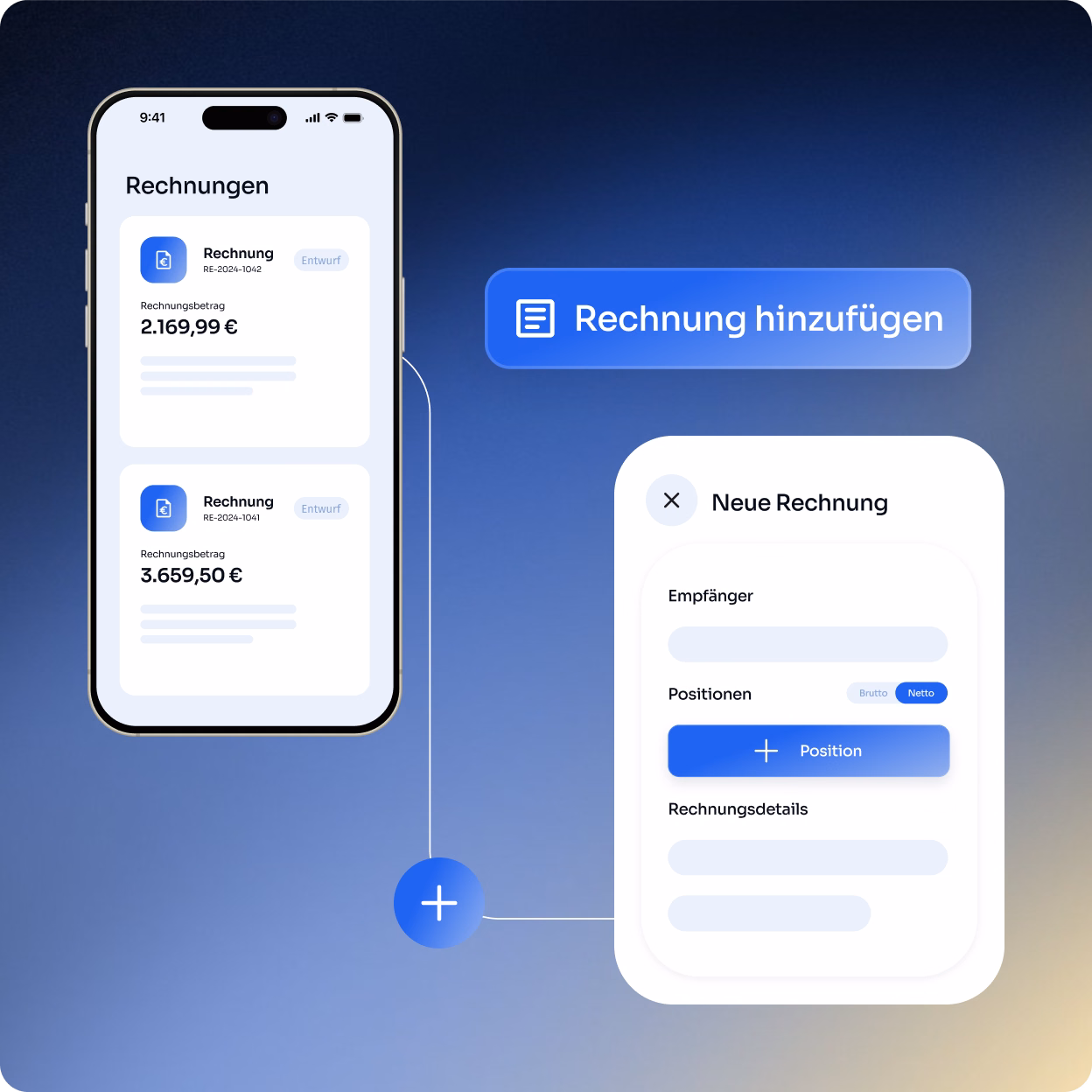Smartphoneanzeige einer Rechnungs-App mit Liste von zwei Rechnungsvorschauen, jede zeigt Betrag und Status Entwurf, daneben ein Button Rechnung hinzufügen und ein Formular für Neue Rechnung mit Empfänger, Positionen mit Brutto und Netto Umschaltern, und einem Plus-Button für Position.