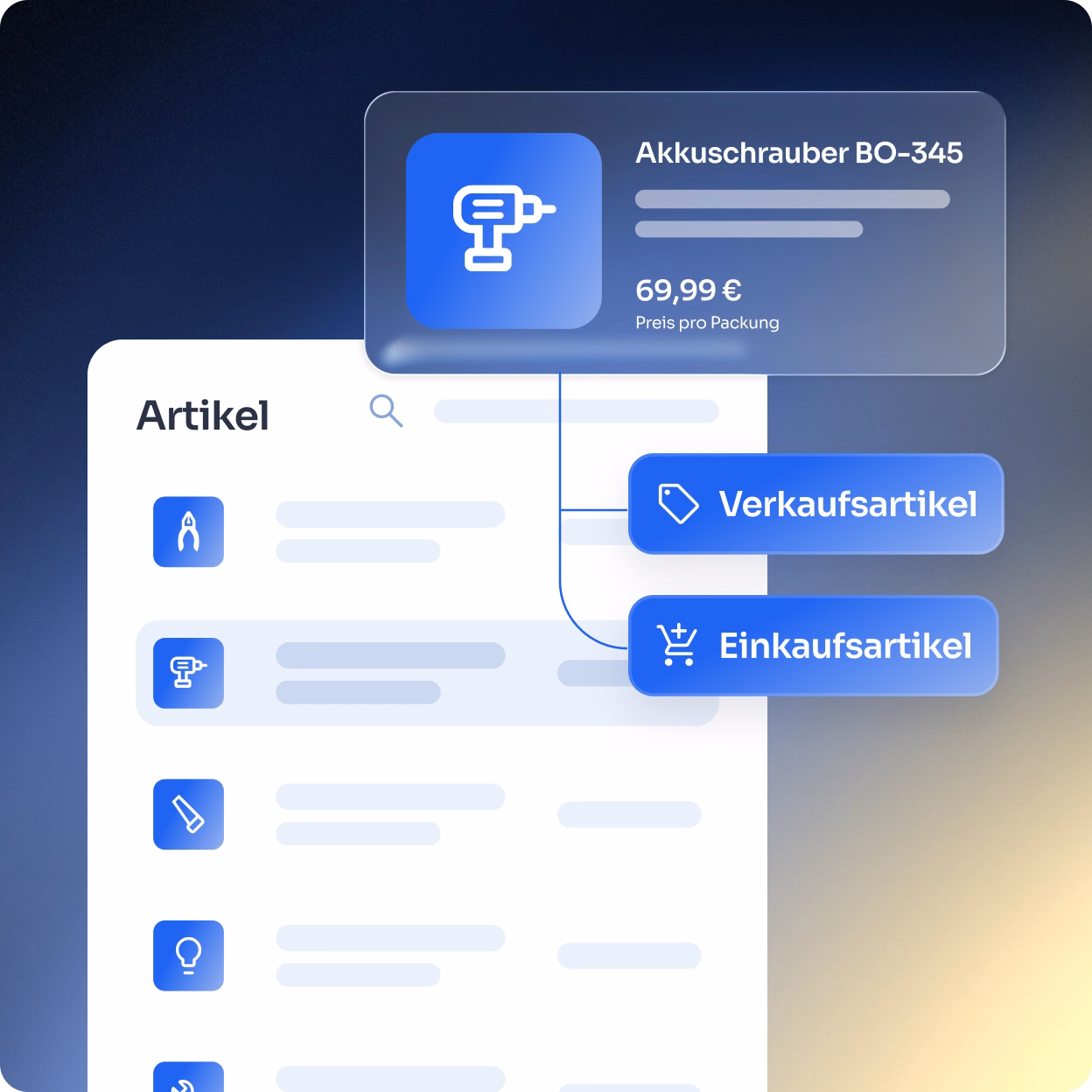 Eine Software-Benutzeroberfläche zeigt eine Artikelliste mit Symbolen für verschiedene Produkttypen, darunter ein blauer Bohrschrauber als ausgewählter Artikel. Daneben werden Details des Artikels 'Akkuschrauber BO-345' mit Preis 129,99 € pro Packung angezeigt. Pfeile verbinden den Artikel mit zwei Schaltflächen: 'Verkaufsartikel' und 'Einkaufsartikel'.