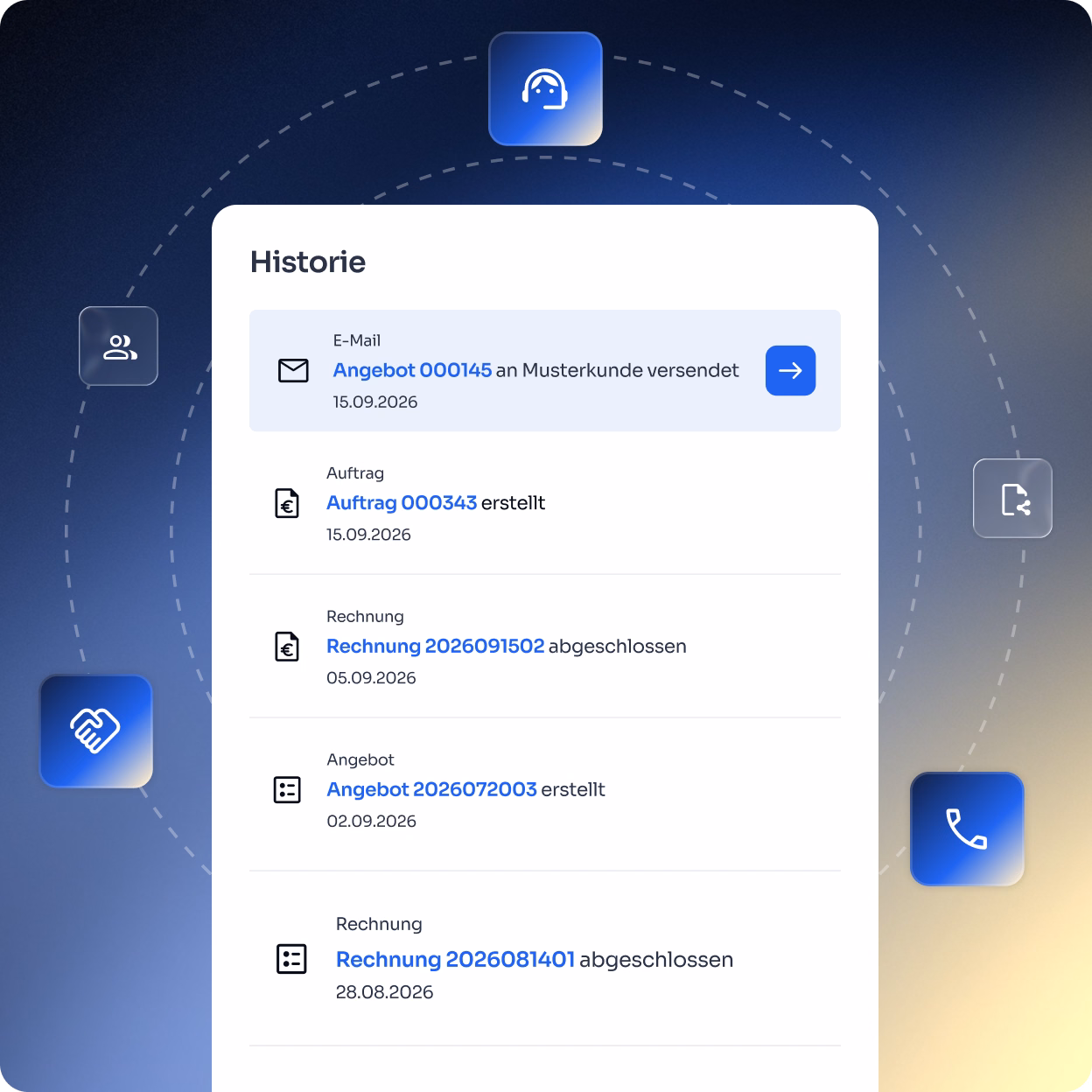 Benutzeroberfläche zeigt eine Kundenhistorie mit Einträgen zu E-Mail, Auftrag, Rechnung und Angebot mit Datum, umgeben von Blau-weißen Icons für Support, Kontakte, Dokumente, Telefon und Handschlag.