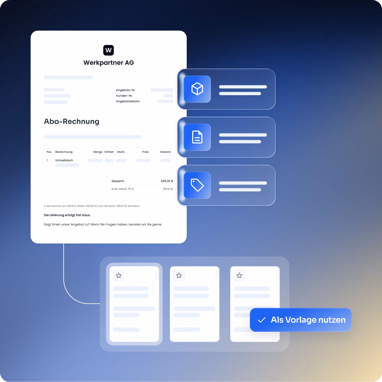 Digitale Darstellung einer Abo-Rechnung von Werkpartner AG mit Detailinformationen zu Position, Menge, Preis und Gesamtbetrag, verbunden mit Symbolen für Produkt, Dokument und Preisetikett, darunter Auswahl von drei Vorlagen mit dem hervorgehobenen Button 'Als Vorlage nutzen'.