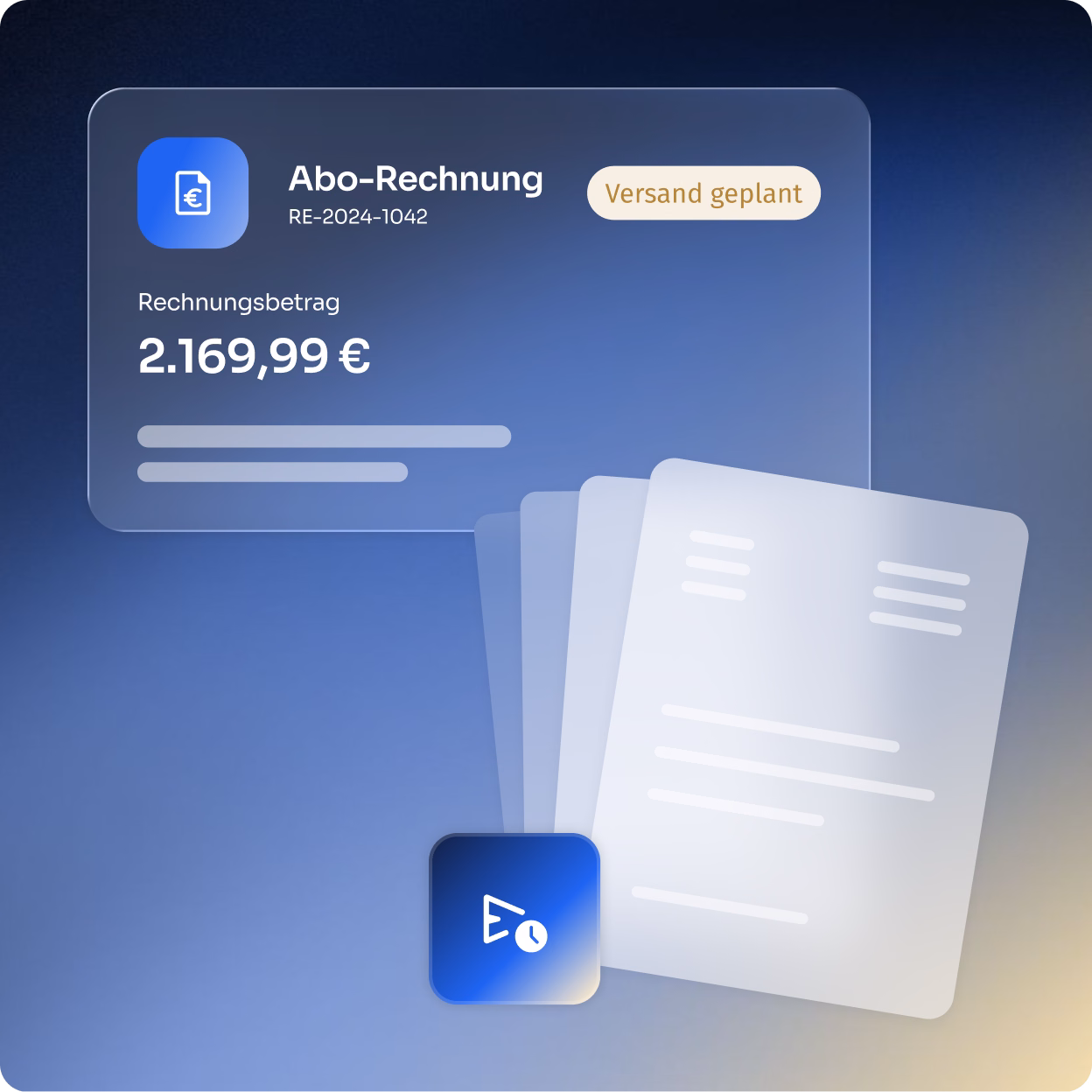 Grafik einer digitalen Abo-Rechnung mit der Nummer RE-2024-1042 und einem Rechnungsbetrag von 2.169,99 Euro, daneben der Hinweis Versand geplant sowie abstrahierte dargestellte Dokumentseiten und ein Icon mit einem Uhr-Symbol.