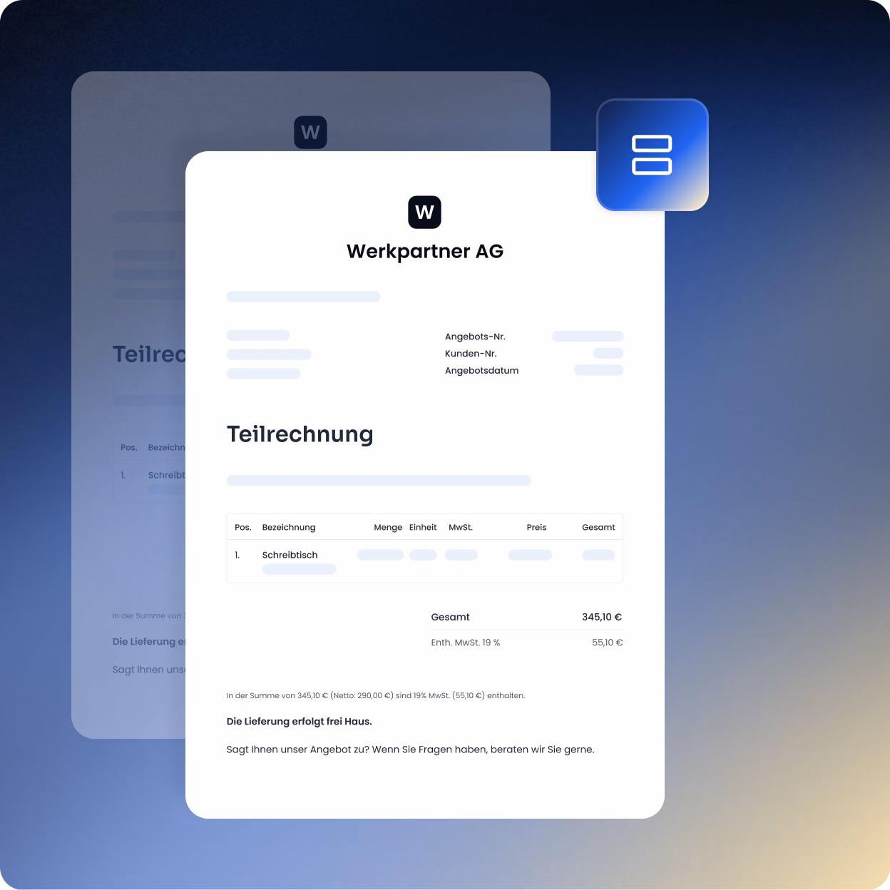 Eine Teilrechnung von Werkpartner AG mit Position, Bezeichnung, Menge, Einheit, MwSt., Preis und Gesamt. Position 1 ist ein Schreibtisch. Gesamtsumme 345,10 €, einschließlich 19 % MwSt. von 55,10 €. Die Lieferung erfolgt frei Haus. Hinweis auf Beratung bei Fragen zum Angebot.
