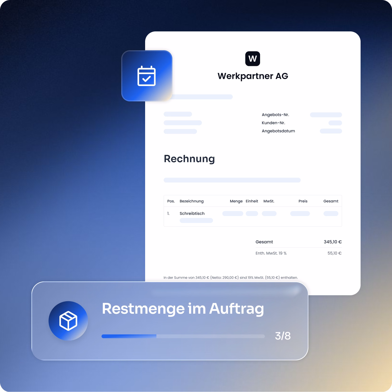 Digital angezeigte Rechnung von Werkpartner AG mit den Angaben zu Angebot, Kunde und Bestelldatum, Position mit Schreibtisch, Menge, Einheit, MwSt., Preis und Gesamtsumme 345,10 Euro. Darunter ein Fortschrittsbalken mit dem Label Restmenge im Auftrag und dem Stand 3 von 8.