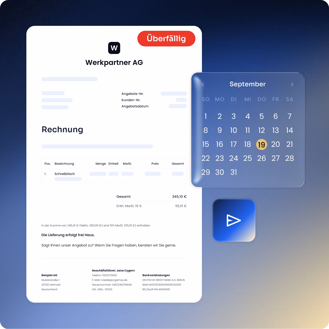 Digitale Rechnung der Werkpartner AG mit Kennzeichnung Überfällig, Position für Schreibtisch, Gesamtbetrag 345,10 Euro inklusive 19% Mehrwertsteuer, daneben ein Kalender mit dem Monat September 2021, hervorgehoben der 19. Tag, und ein blauer Play-Button.