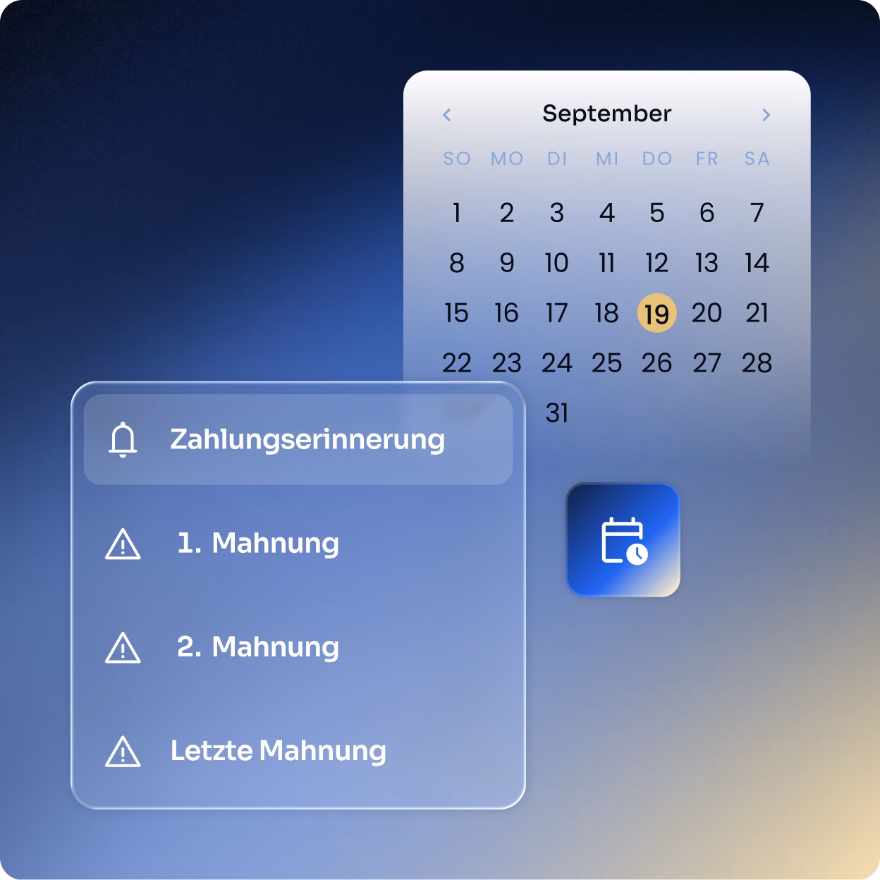 Ein Kalender zeigt den Monat September 2021 mit dem 19. hervorgehoben. Daneben eine Menübox mit Symbolen und den Einträgen: Zahlungserinnerung, 1. Mahnung, 2. Mahnung und Letzte Mahnung.