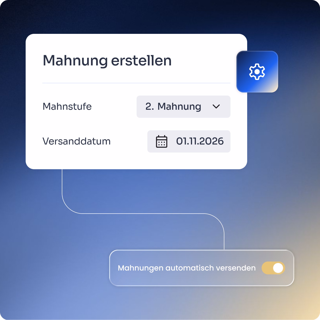 Benutzeroberfläche zur Erstellung einer Mahnung mit Auswahlfeld für Mahnstufe auf '2. Mahnung' und Versanddatum '01.11.2026', darunter aktiviertem Schalter für automatischen Versand von Mahnungen.