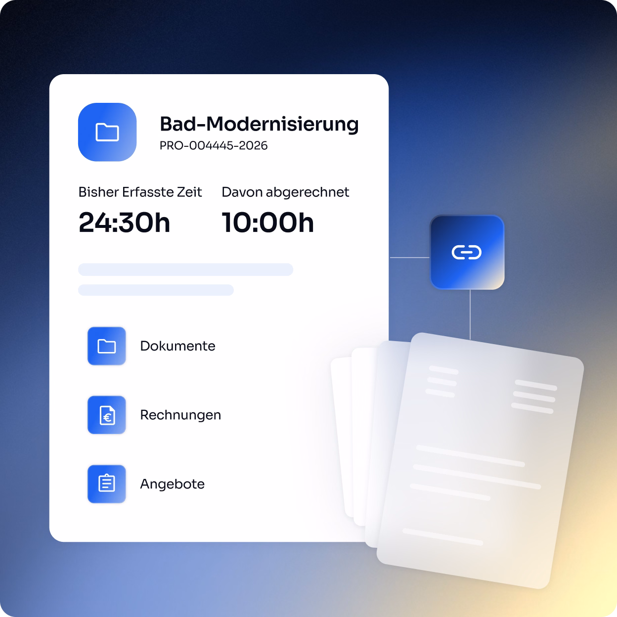 Benutzeroberfläche eines Projekts namens Bad-Modernisierung mit Proj.-Nummer PRO-004445-2026, die bisher erfasste Zeit von 24:30 Stunden und abgerechnete Zeit von 10:00 Stunden anzeigt, mit Symbolen und Beschriftungen für Dokumente, Rechnungen und Angebote.