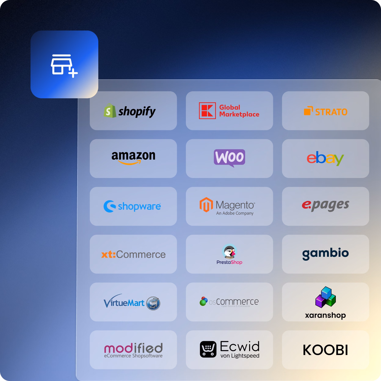 Übersicht von E-Commerce-Plattformen und Shopsystemen, darunter Shopify, Global Marketplace, STRATO, Amazon, WooCommerce, eBay, Shopware, Magento, ePages, xt:Commerce, PrestaShop, Gambio, VirtueMart, osCommerce, Xaranshop, Modified, Ecwid und KOOBI, dargestellt in einem Raster vor blauem Hintergrund.