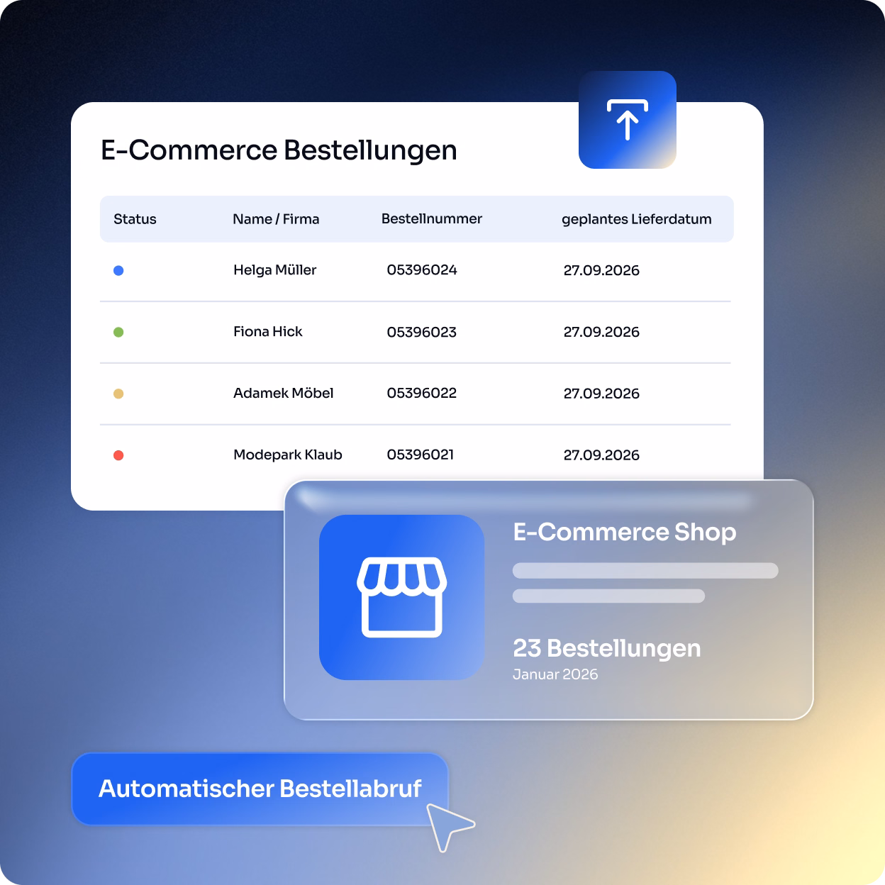 Benutzeroberfläche für E-Commerce Bestellungen mit Tabelle, die Status, Name/Firma, Bestellnummer und geplantes Lieferdatum zeigt; unter der Tabelle eine Ansicht des E-Commerce Shops mit 23 Bestellungen im Januar 2026; darunter ein hervorgehobener Button mit der Aufschrift ‚Automatischer Bestellabruf‘ und einem Mauszeiger.