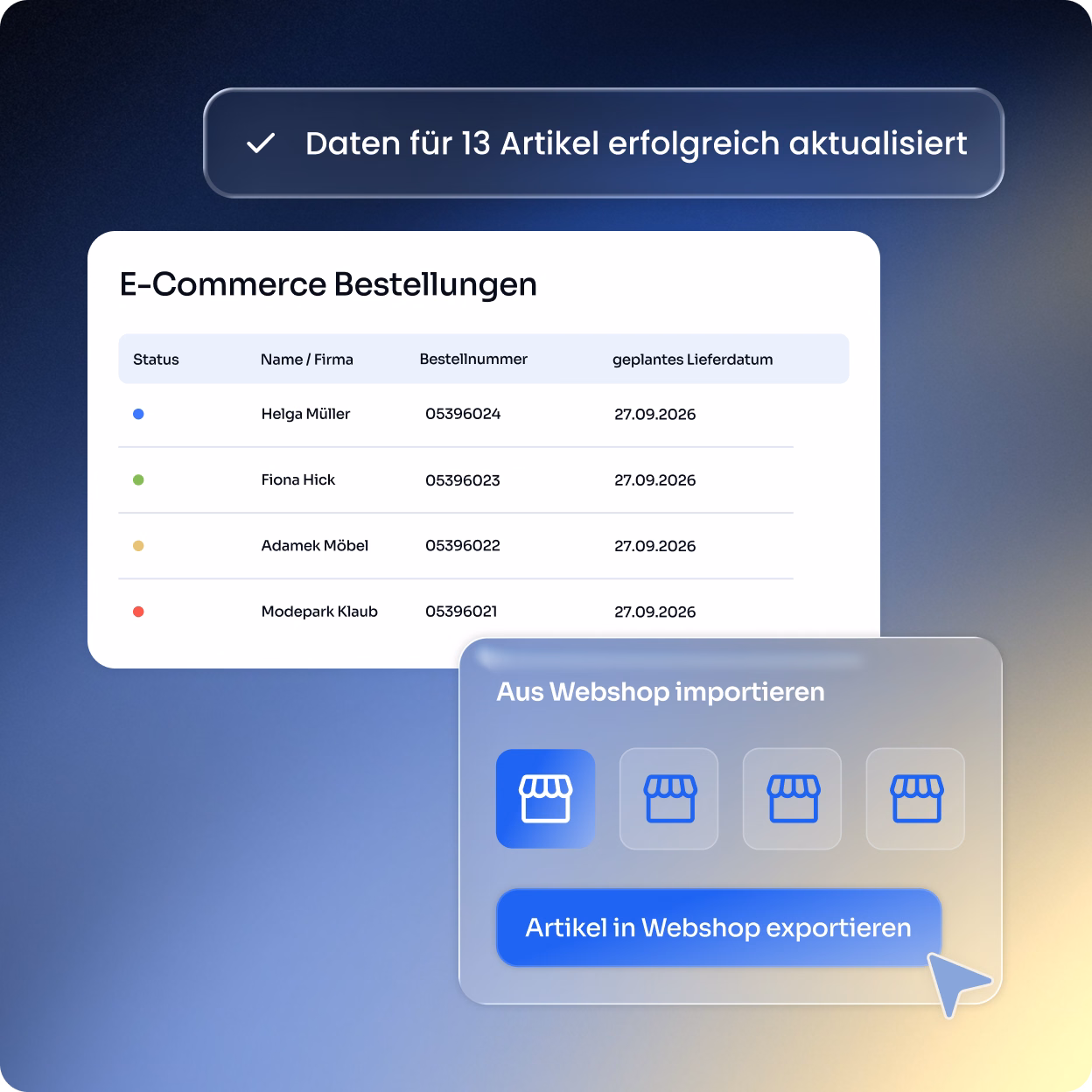 Benutzeroberfläche für E-Commerce Bestellungen mit einer Tabelle, die Status, Name/Firma, Bestellnummer und geplantes Lieferdatum für vier Bestellungen anzeigt. Oben steht: Daten für 13 Artikel erfolgreich aktualisiert. Unten rechts Optionen zum Importieren aus Webshop und ein hervorgehobener Button 'Artikel in Webshop exportieren' mit einem Cursor.