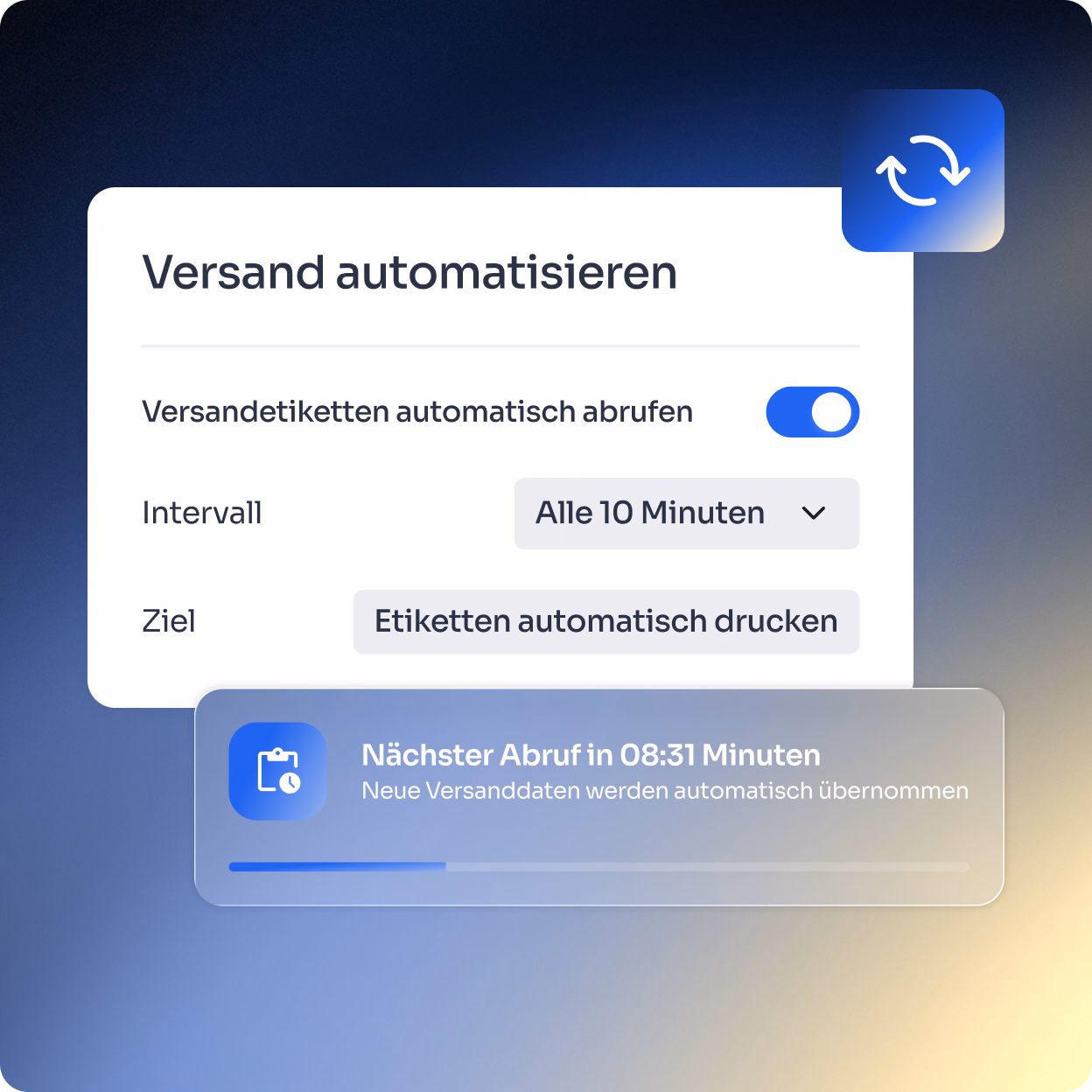 Benutzeroberfläche zur Automatisierung des Versands mit aktiviertem Schalter für automatisches Abrufen von Versandetiketten, einem Intervall von alle 10 Minuten und Zieloption für automatischen Etikettendruck; eine Fortschrittsanzeige zeigt den nächsten Abruf in 08:31 Minuten und informiert, dass neue Versanddaten automatisch übernommen werden.