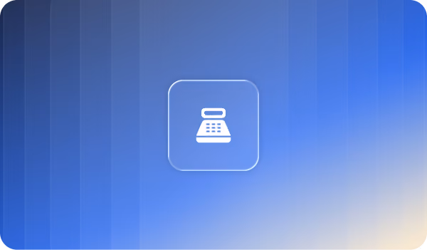 Weißes Kassensymbol in einem hervorgehobenen Quadrat vor blau verlaufendem Hintergrund.