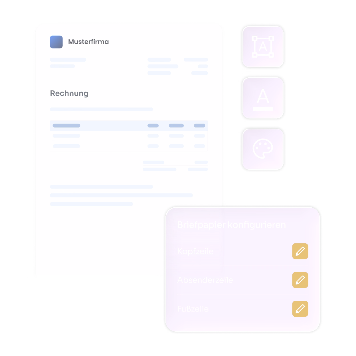 Digitales Interface zur Konfiguration von Briefpapier mit gezeigtem Beispiel einer Rechnung von einer Musterfirma, daneben drei Icons zur Textbearbeitung und eine Einstellungsbox mit den Optionen Kopfzeile, Absenderzeile und Fußzeile, jeweils mit einem Stiftsymbol zum Bearbeiten.