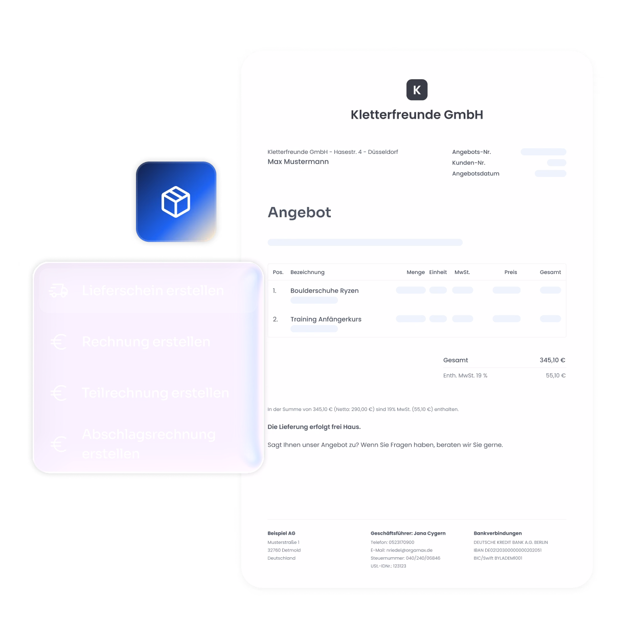 Digitale Darstellung eines Angebotsformulars der Firma Kletterfreunde GmbH, mit Kundeninformationen und Positionen: Boulderschuhe Ryzen und Training Anfängerkurs, einschließlich Menge, Einheit, MwSt., Preis und Gesamtbetrag von 345,10 €; daneben ein Menü mit Optionen zum Erstellen von Lieferschein, Rechnung, Teilrechnung und Abschlagsrechnung.