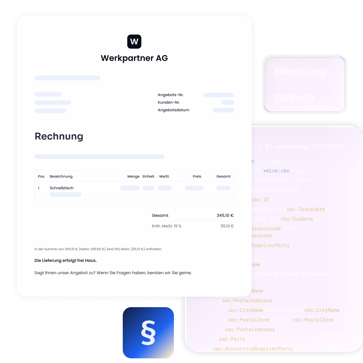 Digitale Rechnung der Werkpartner AG mit Angaben wie Angebotsnummer, Kundennummer, Angebotsdatum, Position: Schreibtisch, Menge, Einheit, MwSt., Preis, Gesamt 345,10 € inklusive 19 % MwSt. Hinweis: Lieferung erfolgt frei Haus und Beratung bei Fragen. Daneben sind XML-Daten und die Begriffe XRechnung und ZUGFeRD sichtbar.
