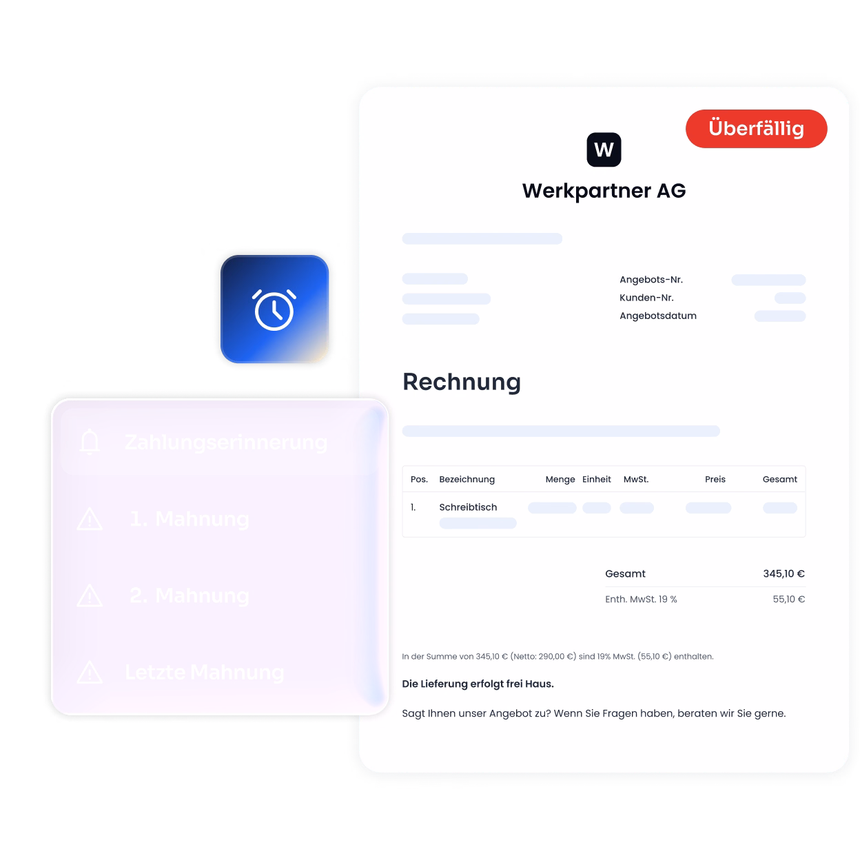 Illustration einer überfälligen Rechnung von Werkpartner AG mit Zahlungserinnerung, die 1. Mahnung, 2. Mahnung und letzte Mahnung anzeigt; Rechnung für einen Schreibtisch über 345,10 Euro inklusive 19% Mehrwertsteuer.