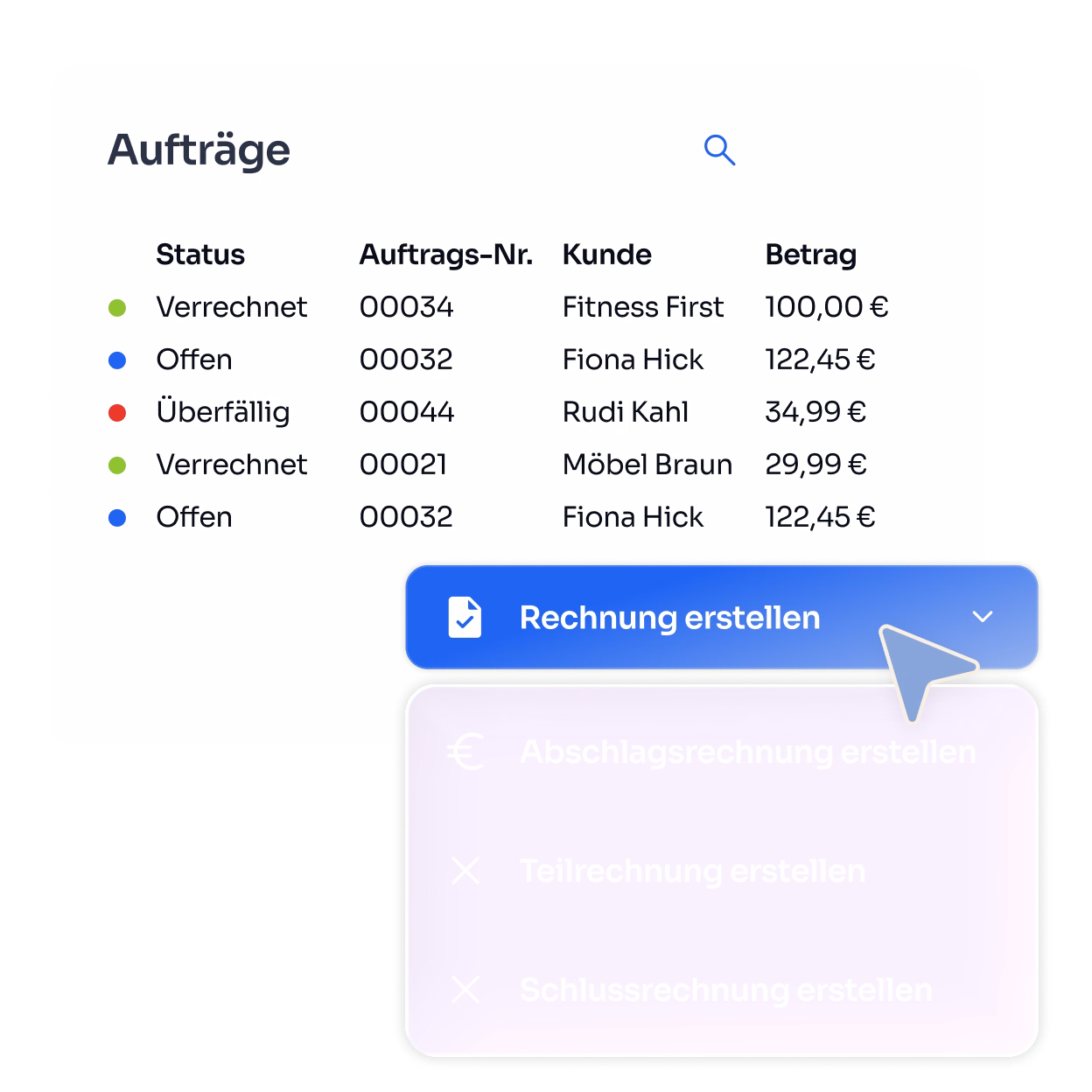 Eine Auftragsübersichtstabelle zeigt Status, Auftragsnummern, Kunden und Beträge an, darunter verschiedene Zuordnungen wie Verrechnet, Offen und Überfällig mit farbigen Punkten. Ein Dropdown-Menü mit der Schaltfläche 'Rechnung erstellen' ist geöffnet, mit den Optionen Abschlagsrechnung erstellen, Teilrechnung erstellen und Schlussrechnung erstellen, die zur Auswahl stehen.