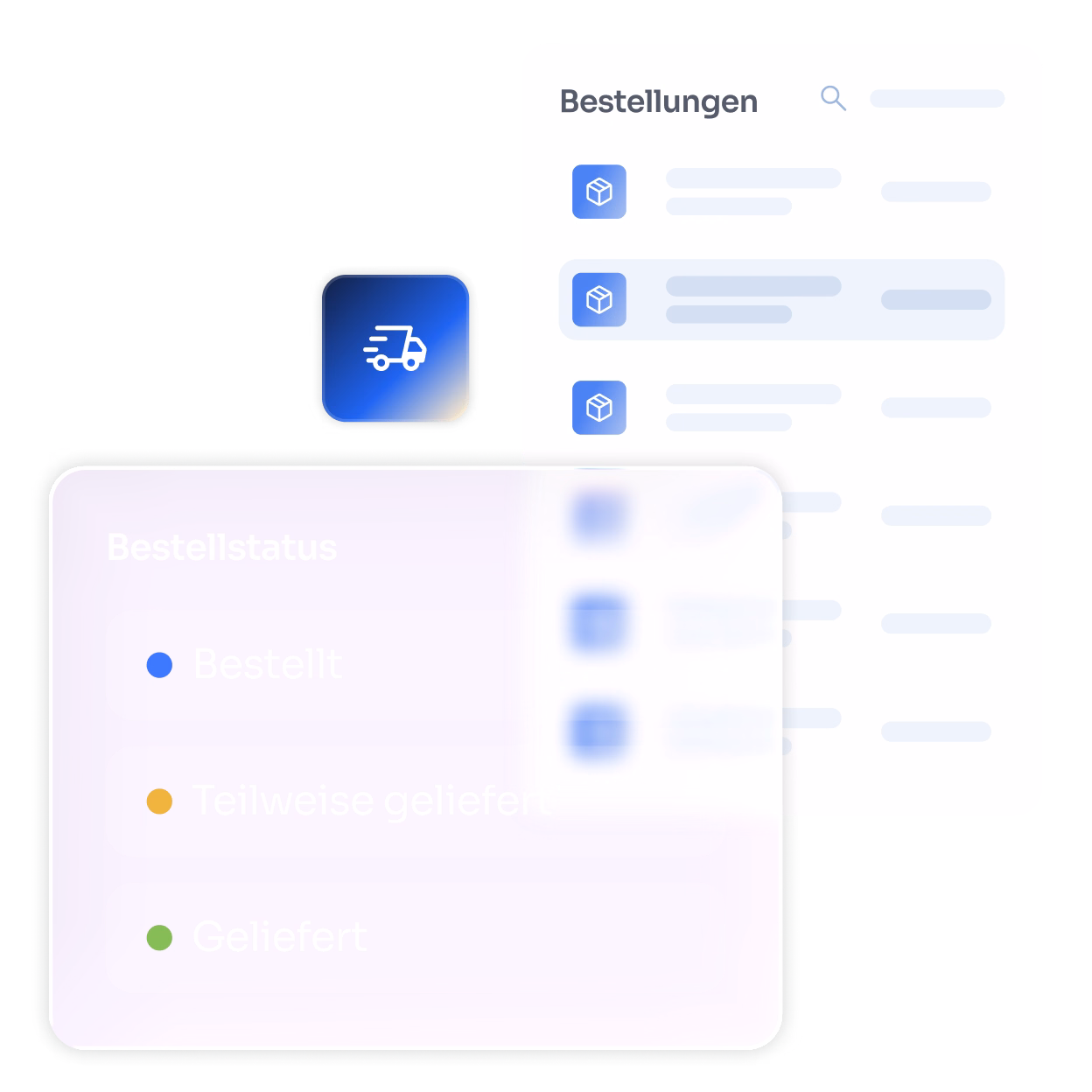 Benutzeroberfläche für Bestellungen mit hervorgehobenem Lieferwagen-Symbol, einer Liste von Bestellungen und einem Overlay mit Bestellstatus: Bestellt (blau), Teilweise geliefert (gelb), Geliefert (grün).