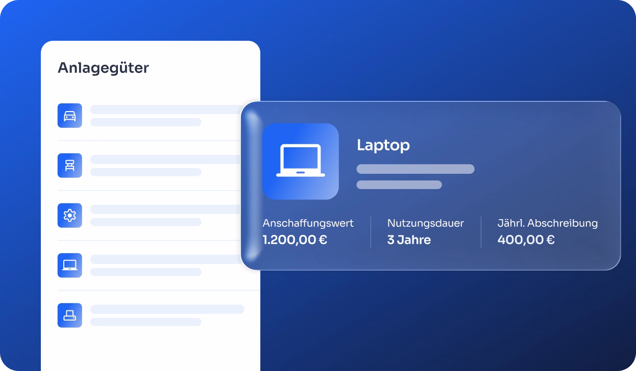 Digitale Anzeige einer Liste von Anlagegütern mit Icons auf der linken Seite und einem hervorgehobenen Abschnitt für einen Laptop mit Details zu Anschaffungswert 1.200 Euro, Nutzungsdauer 3 Jahre und jährlicher Abschreibung 400 Euro.