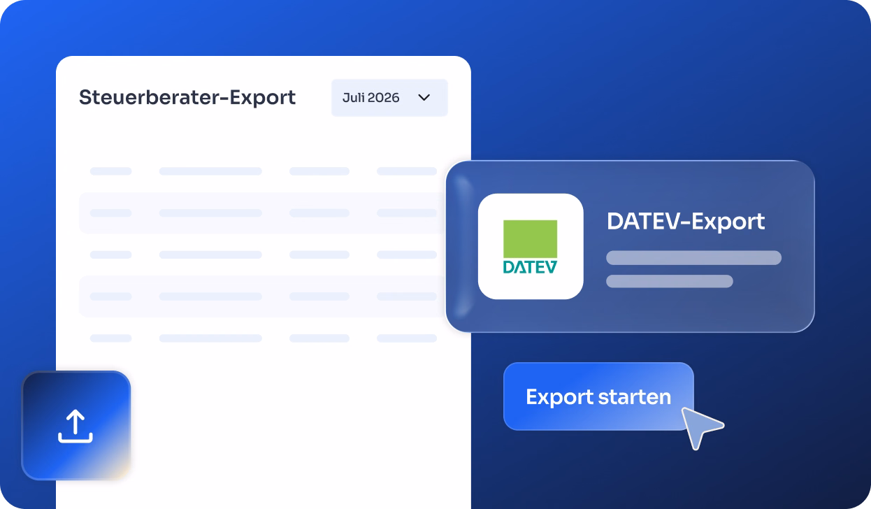 Benutzeroberfläche mit einem Steuerberater-Export für Juli 2026, einem DATEV-Export-Bereich mit dem DATEV-Logo und einem blauen Button mit der Aufschrift 'Export starten', auf den ein Cursor zeigt.